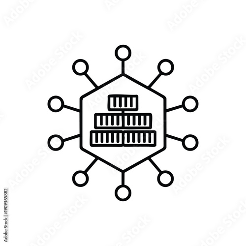 Black and white vector icon of artificial intelligence neural network with data stack and connected nodes for programming and technology