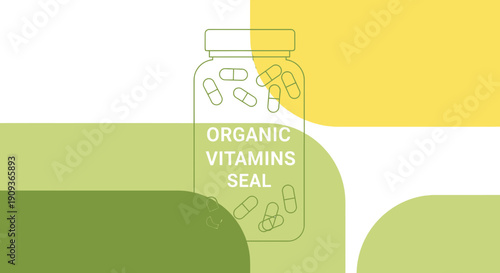 Organic Vitamins Seal Pill Jar Illustration - Healthy Lifestyle Concept