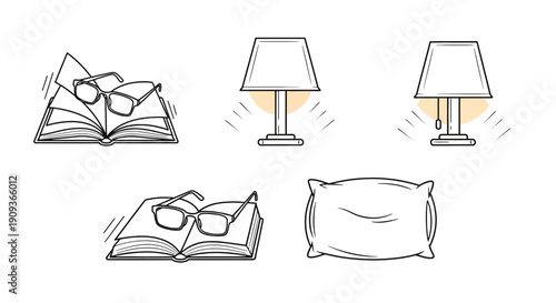 Cozy Reading Nook: Open Books, Glasses, and Lamp Illustrations