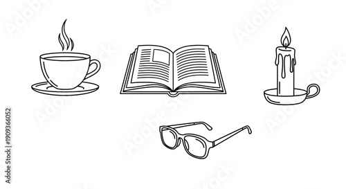 Cozy Reading Scene: Open Book, Steaming Coffee, Candle, and Glasses
