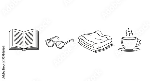Cozy Reading Scene: Open Book, Glasses, Blanket, and Hot Drink
