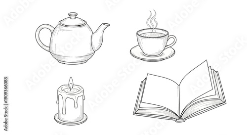 Cozy Reading Scene: Teapot, Steaming Cup, Lit Candle, and Open Book