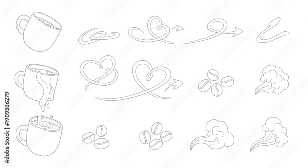 Fototapeta premium Coffee Break Elements: Cups, Steam, Beans, Arrows, Hearts, Swirls - Line Art Icons
