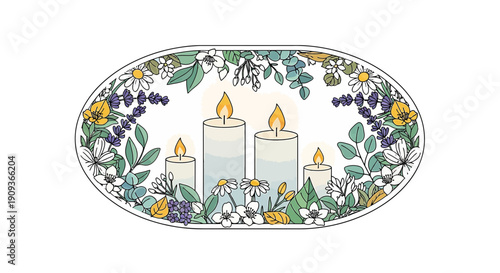 Oval Floral Wreath with Candles Illustration - Spring Bloom, Summer Garden, Autumn Bouquet