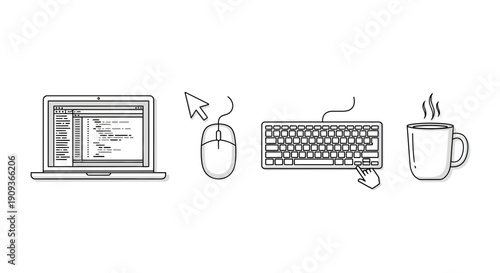 Coding setup: laptop with code, mouse, keyboard, and coffee cup, digital workspace