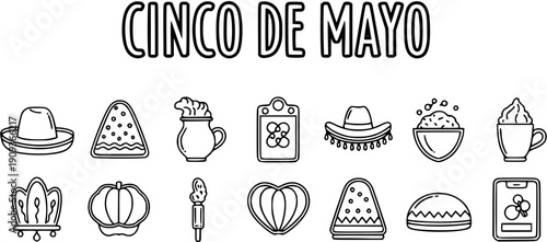 Cinco de Mayo Icons: Mexican Holiday Symbols in Black and White Line Art Style