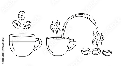 Coffee Beans Pouring into Hot Steaming Cup, Breakfast Beverage and Aroma