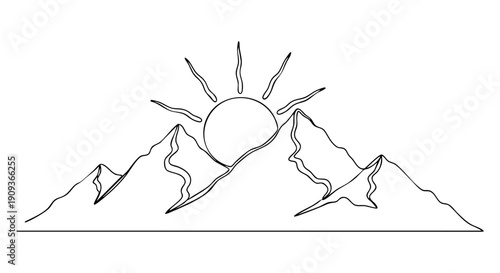 Abstract Continuous Single Line Art of a Mountain Landscape with a Rising Sun Symbol