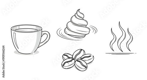 Coffee Beans, Cup, Steam, and Foam: A Morning Brew Concept