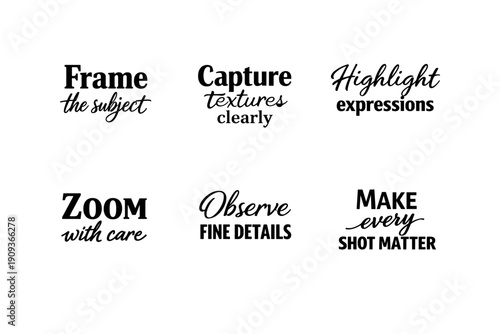 Photography tips text design with emphasis on framing, textures, and expressions
