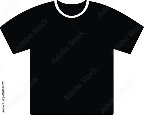 Black t-shirt with white collar from front on white background