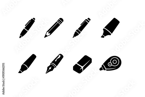 Silhouette icons of pens, pencils, highlighters, eraser, and correction tape