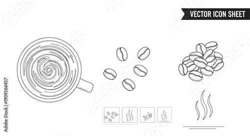 Coffee Icon Sheet: Cup of Coffee, Beans, and Steam - Vector Art