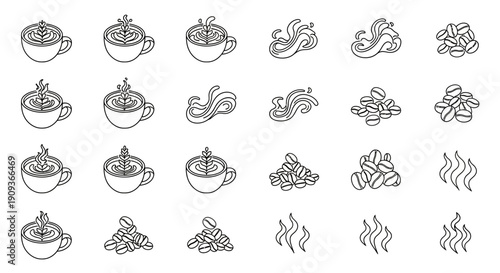Coffee Icons Set: Cups, Steam, and Beans - Hand-Drawn Sketch Style
