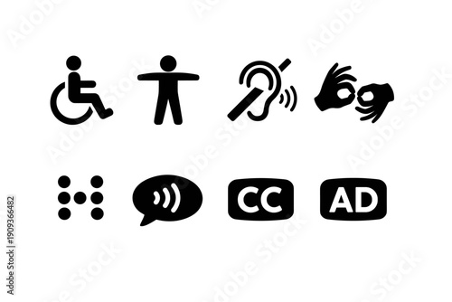 Accessibility icons: wheelchair, sign language, hearing, braille, captions, audio description