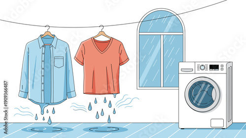 Wet laundry dripping water onto the floor indoors next to a modern white washing machine by a window on a rainy day.