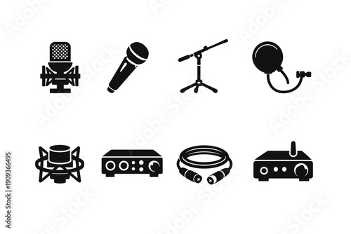 Audio equipment icons: microphones, stands, cables, amplifiers in simple black design