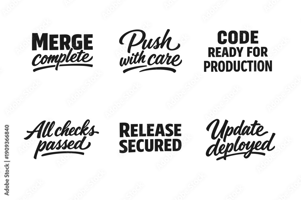 Fototapeta premium Software development phrases: merge, push, code, checks, release, update