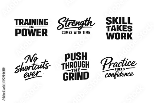 Motivational fitness quotes in bold typography for workout inspiration