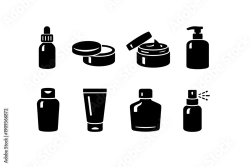 Black silhouette icon set of skincare and cosmetic containers
