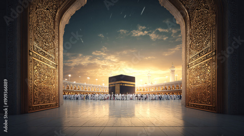 Kaaba in Mecca viewed through ornate Islamic archway during golden sunset for Ramadan prayers