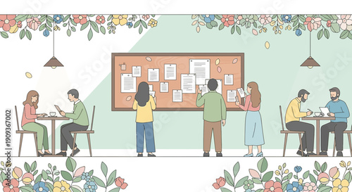 People at cafe enjoying coffee and checking bulletin board with floral border