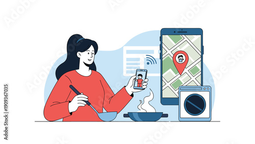 Young woman cooking a meal in a kitchen while using a smartphone to check a map and location service on a screen.