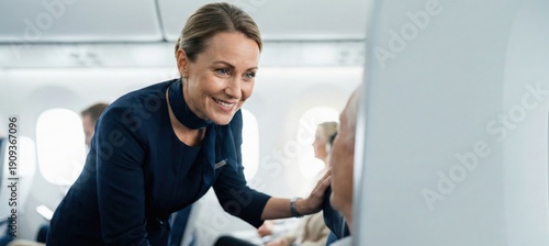 Smiling flight attendant assisting passenger on airplane, providing attentive service and care during flight Concept of travel, hospitality, and customer service