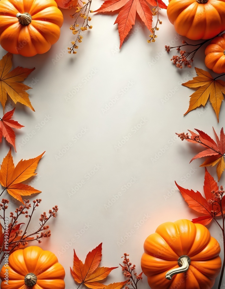 Fototapeta premium Orange pumpkins and red orange maple leaves frame light surface. Autumn harvest border with plants and berries. Fall season decor. Thanksgiving celebration.