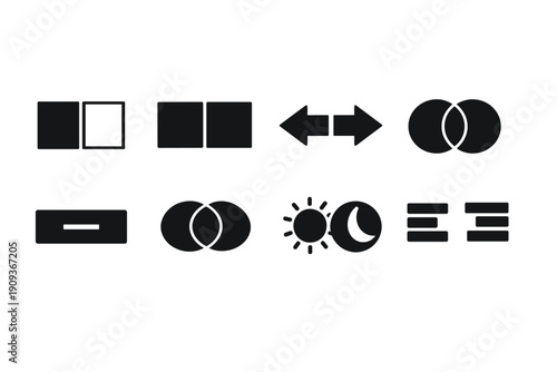 Geometric icons: horizontal, vertical, arrows, circles, day, night, alignment symbols
