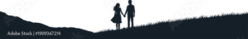Couple Love Silhouette Romance Romantic Together Holding Hands Sunset Landscape Hill Nature Relationship Valentine Evening Dream Minimal Vector Illustration