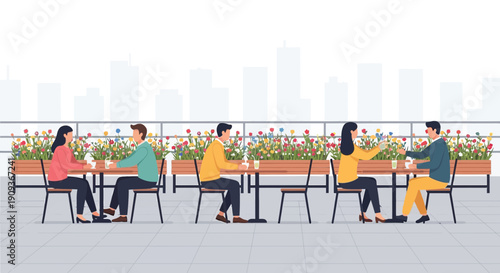 People enjoying rooftop cafe with city skyline and flower beds