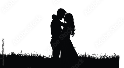 Couple Romance Love Silhouette Kiss Embrace Valentine Relationship Wedding Passion Intimacy Evening Grass Nature Black White
