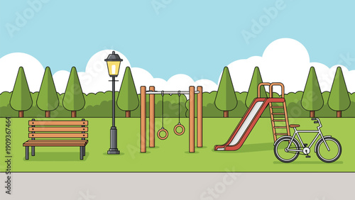 Empty public playground in a park featuring a bench, street lamp, gymnastic rings, a slide, and a parked bicycle.