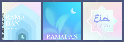Ramadan Kareem greeting cards. Moon, mosque, arch islam gradient design elements. Modern poster and social media banner. Vector gradient illustration