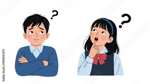 Young boy and girl looking upwards with confused facial expressions and question marks over their heads together.