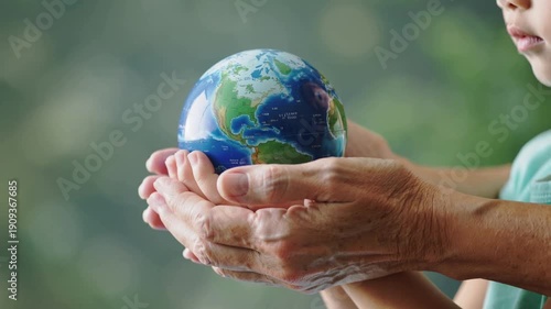 Close up of elderly hands holding a small globe model. Concept for environment, care, responsibility, and global protection with natural blurred background.