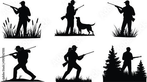 Hunter silhouette set with rifle and hunting dog in nature, outdoor sportsman aiming gun, wildlife hunting concept, black vector isolated on white background