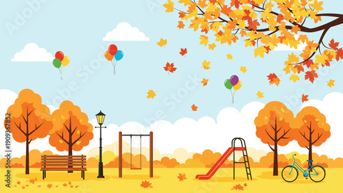 Colorful autumn park landscape with orange trees, falling leaves, a playground, and balloons floating in the sky.