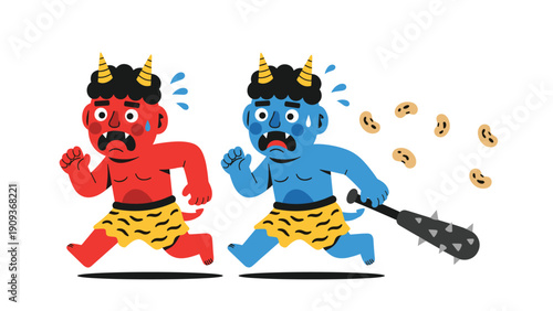 Red and blue Japanese demons running away from thrown soybeans during the traditional spring festival of Setsubun.