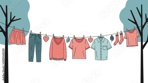 Colorful laundry items like shirts and trousers hanging on a clothesline between trees in an outdoor park setting.
