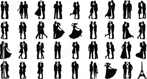 Couple Silhouette Love Romance Romantic People Man Woman Kissing Hugging Dancing Dating Relationship Valentine Emotion Passion Together Illustration Collection