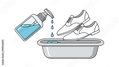White leather dress shoes being washed in a silver basin with soapy water and liquid detergent from a pump bottle.