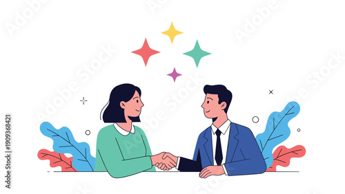 Businessman and businesswoman in professional attire shaking hands to seal a deal under bright colorful stars.