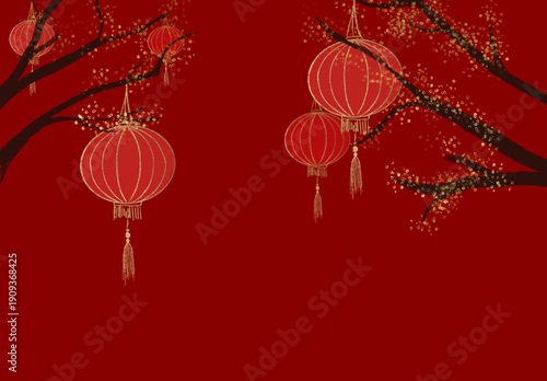 Chinese New Year 2026 festive red background with traditional Chinese lanterns, blooming plum blossom branches, and elegant golden text. Symbol of luck, prosperity, wealth, and new beginnings for Luna