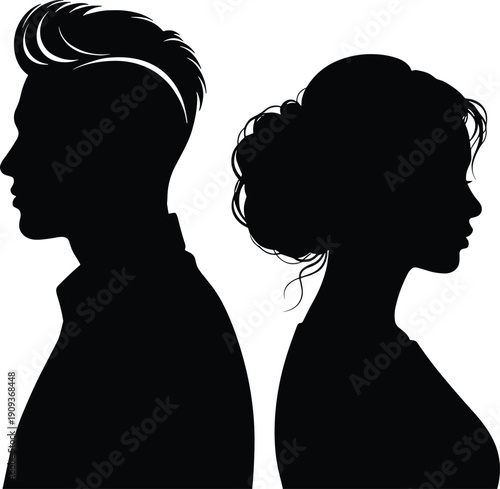 Couple Silhouette Profile Portrait Relationship Emotion Love Separation Conflict Distance Man Woman Shadow Contrast Minimal Black White Concept Illustration