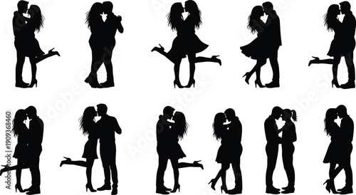 Couple Silhouettes Love Romantic Kiss Hug Embrace Relationship Valentine People Man Woman Dating Passion Intimacy Pose Collection Vector Illustration