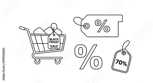 Black Friday Sale Shopping Cart with Discount Tags and Percentage Symbols