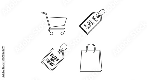 Black Friday Sale Shopping Icons: Cart, Tags, Bag - Vector Illustration