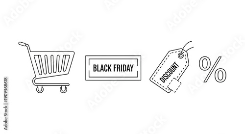 Black Friday Shopping Cart Discount Tag Percentage Sign Line Art Icons